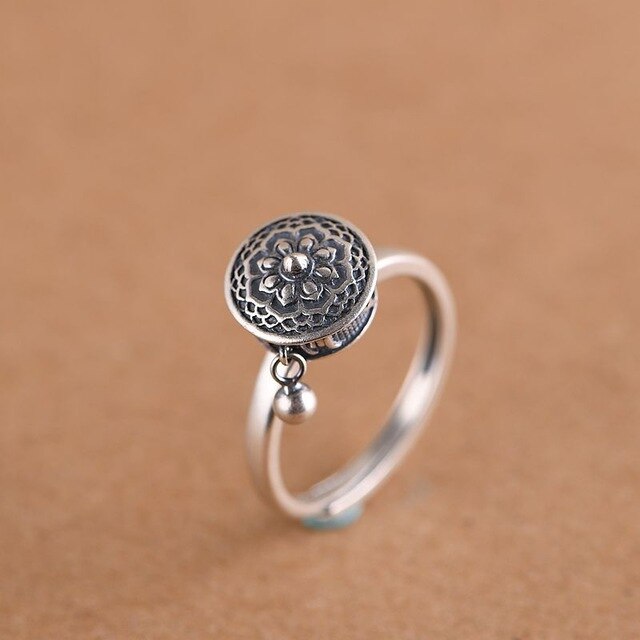 Retro Thai Silver Ring Women's Six-word Mantra Open Ring Prayer Wheel Design Jewelry S925 Sterling Silver Rings