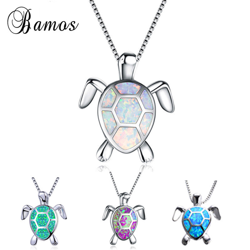 Luxury Female Blue White Green Opal Necklace 925 Sterling Silver Wedding Necklace Big Turtle Pendants Necklaces For Women