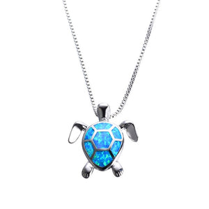 Luxury Female Blue White Green Opal Necklace 925 Sterling Silver Wedding Necklace Big Turtle Pendants Necklaces For Women