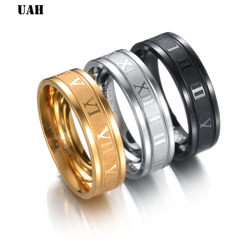 UAH 8 mm 316L Stainless Steel Wedding Band Ring Roman Numerals Gold Black Cool Punk Rings for Men Women Fashion Jewelry