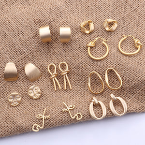 Korean Metal Gold Color Stud Earring Simple Geometric Camber Circle,Knot Face Matte,Irregular Ellipse